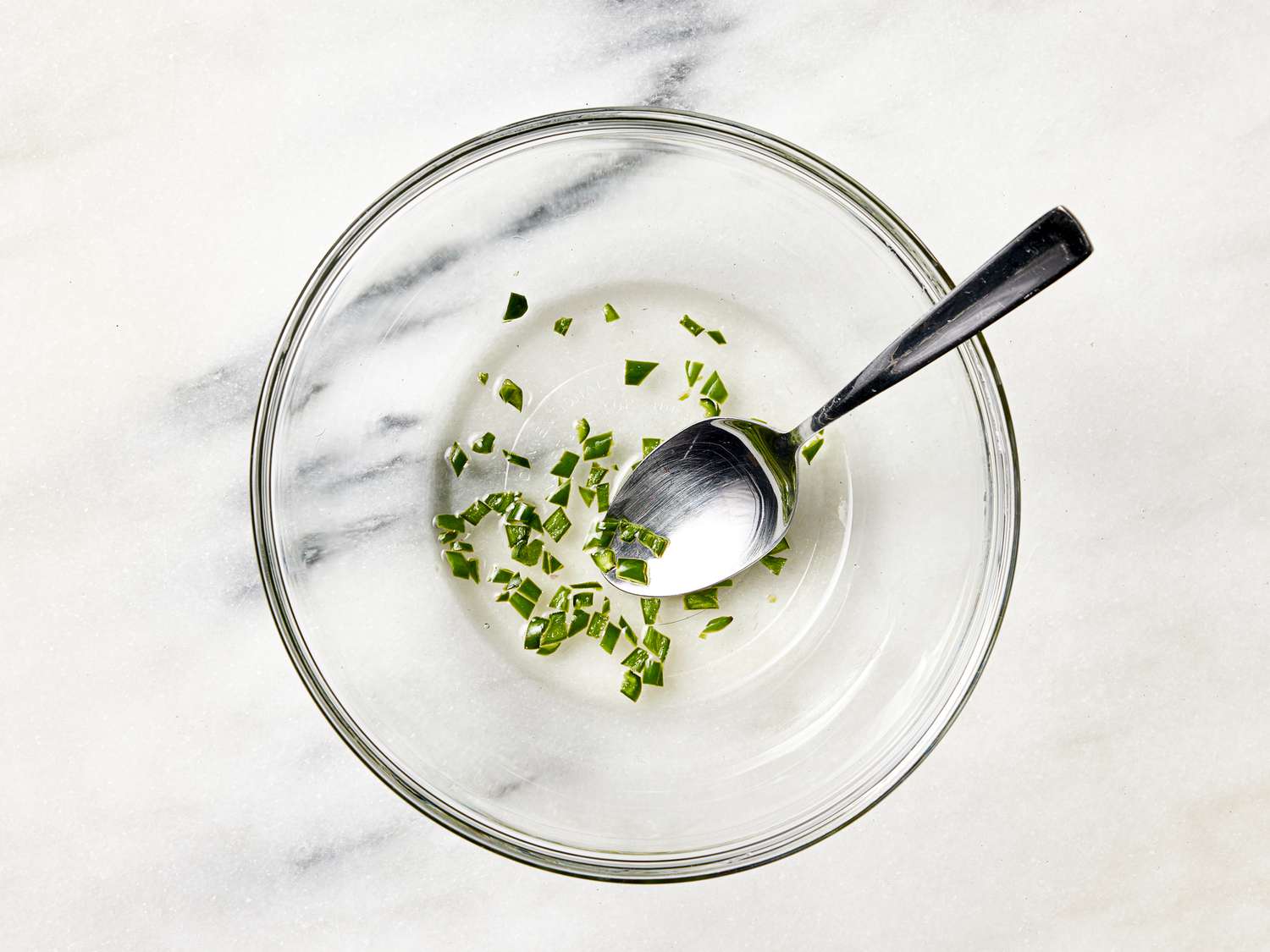 Overhead view of chiles in vingear