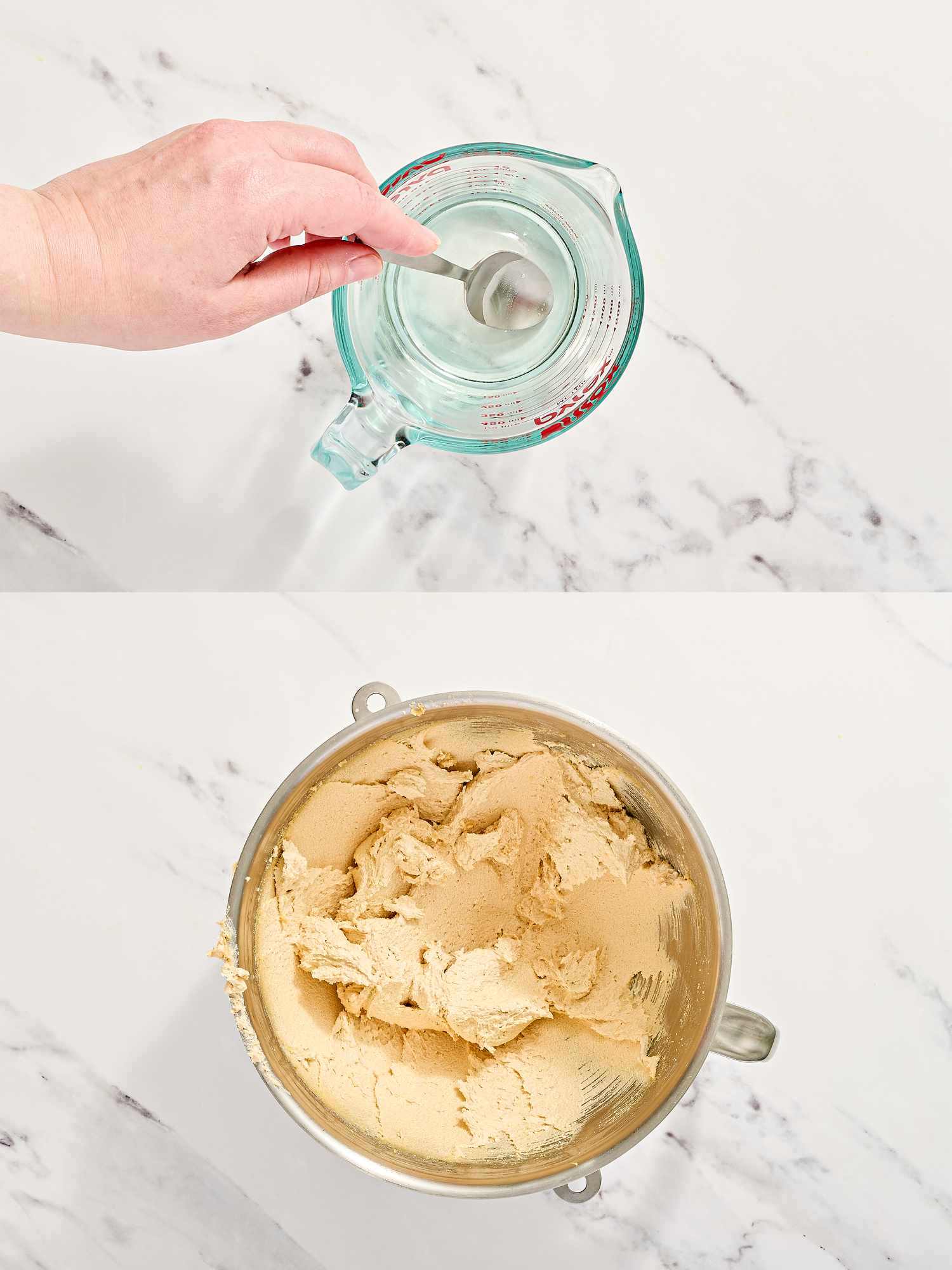 In the top panel, stirring a mixture in a measuring cup; in the bottom panel, a mixing bowl filled with dough