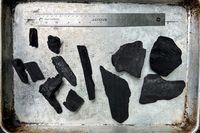 Charcoal pieces on a metal tray alongside a ruler for scale