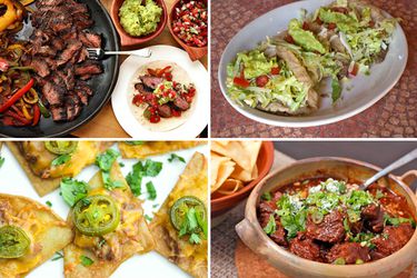 A four image collage of different Tex-Mex dishes