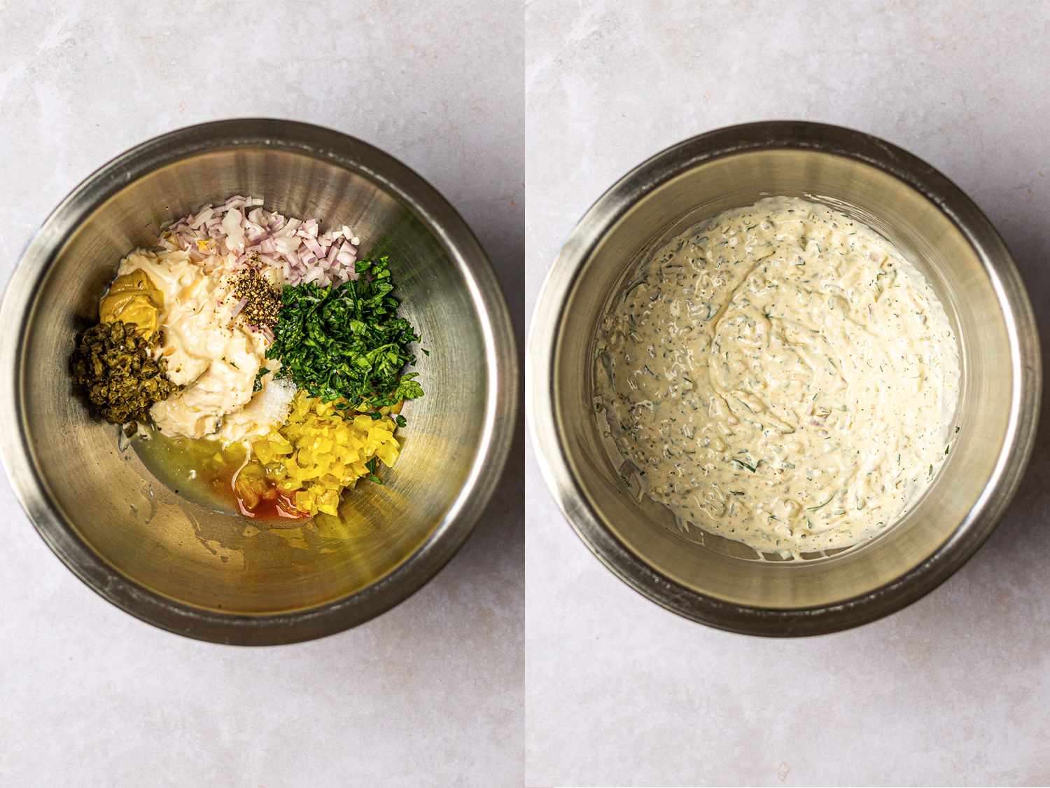 A two-image collage. The left image shows the sauce ingredients placed next to each other in a bowl, but not yet mixed together. The right image shows the ingredients fully mixed together to form the tartar sauce.