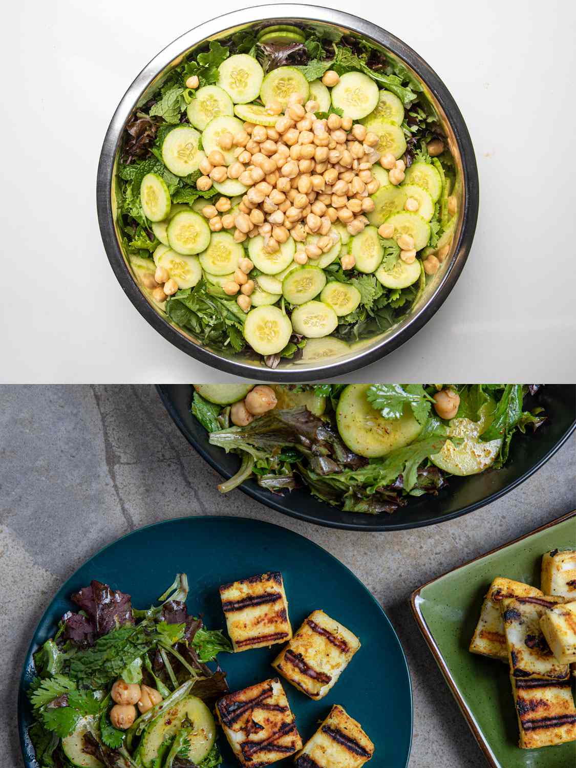 Two Image Collage. Top: Mixed salad with chickpeas and cucumbers in a metal bowl. Bottom: Plated grilled panner and salad on a blue plate surrounding by the serving bow of salad and a platter of grilled paneer
