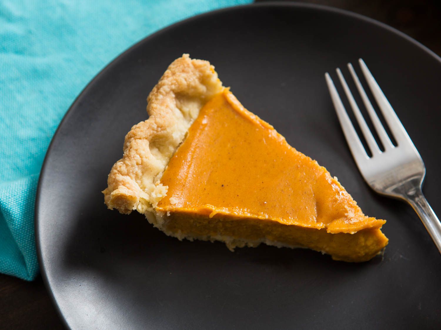 A slice of pumpkin pie on a black plate, flanked by a fork. 