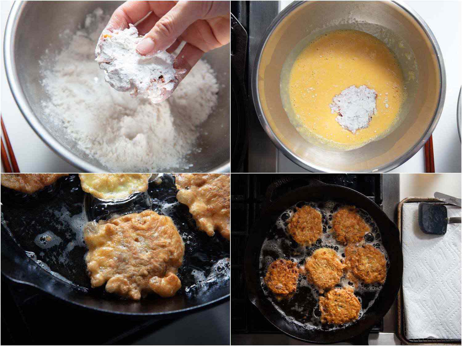 Collage of Korean jeon pancakes being dredged, battered, and fried in oil