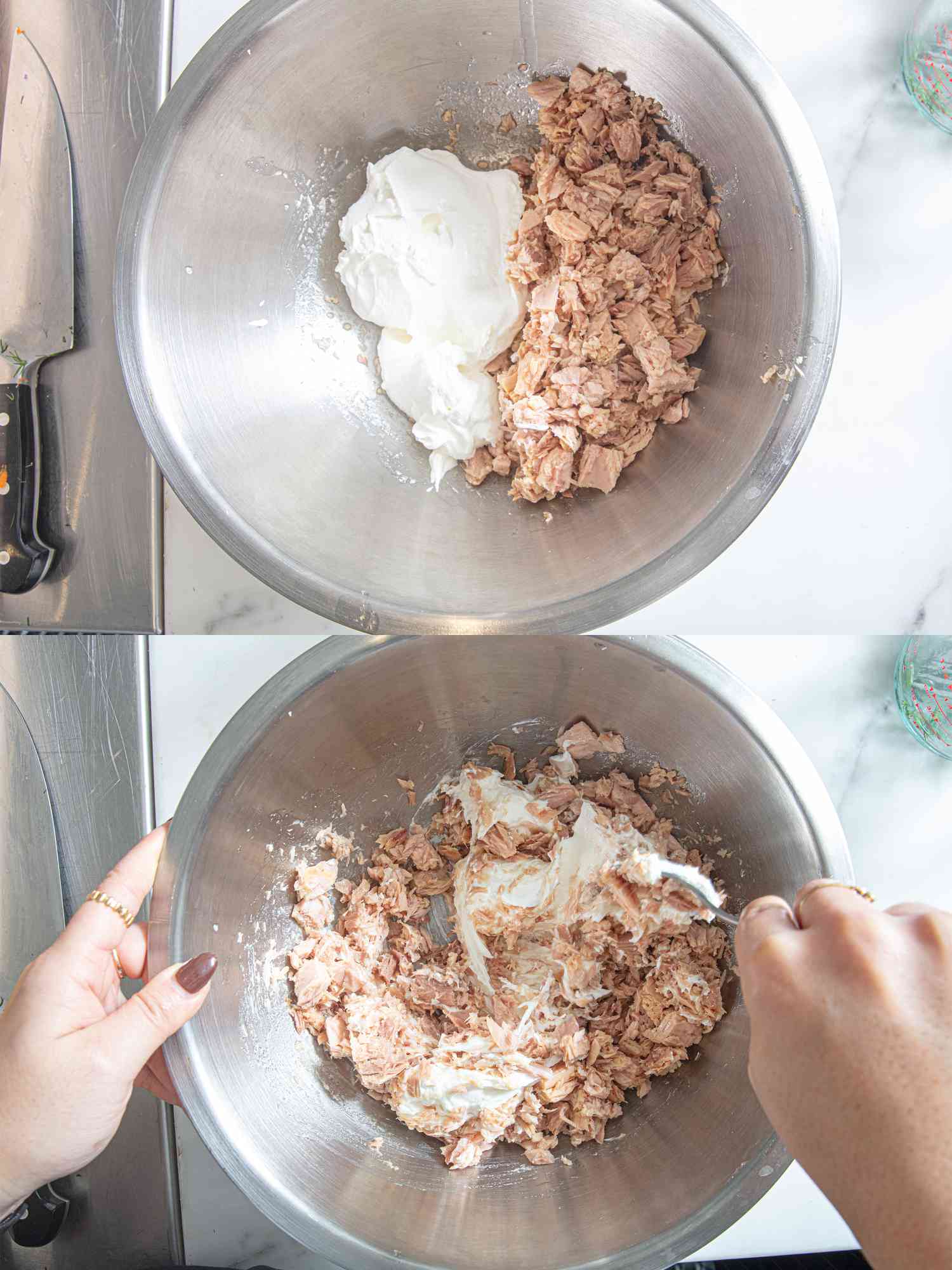 Two image collage of mixing tuna and labne