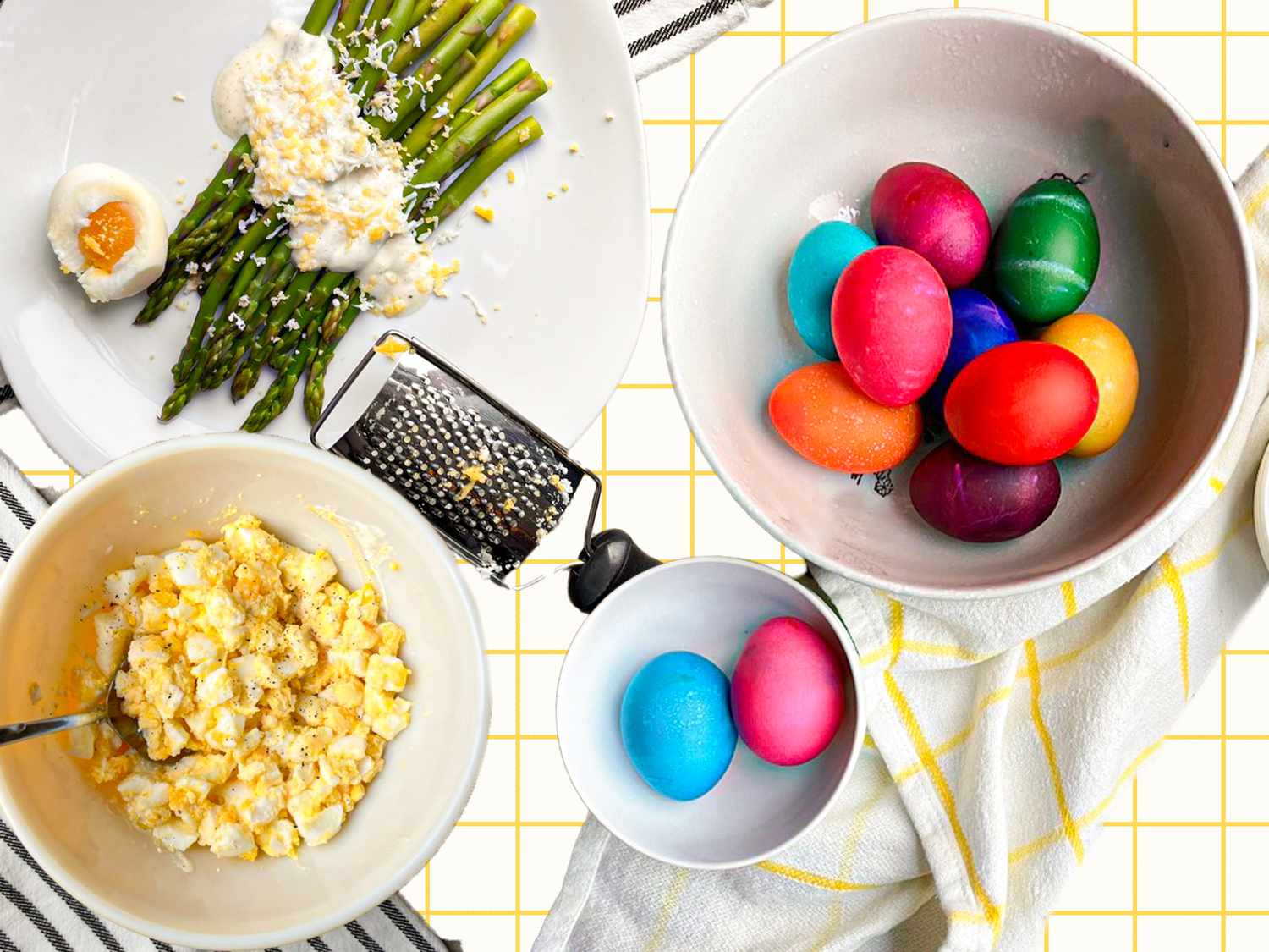 A composed image of colorful Easter eggs, egg salad, and asparagus with yogurt sauce and grated eggs
