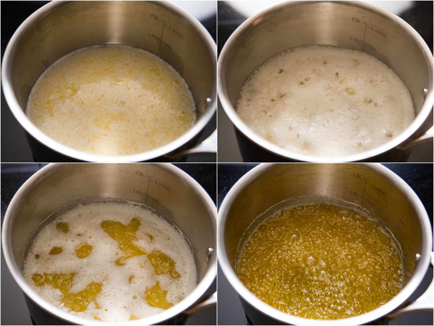 Collage of simmering butter on in a pot, top layer of foam dissipating in stages