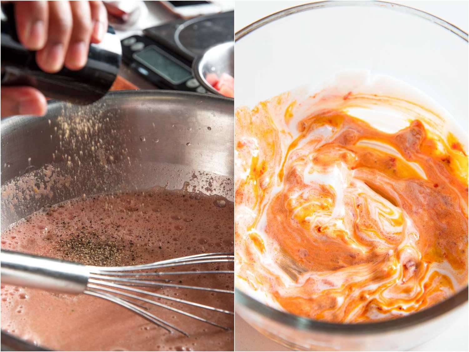 Seasoning watermelon gazpacho, Calabrian chili crema