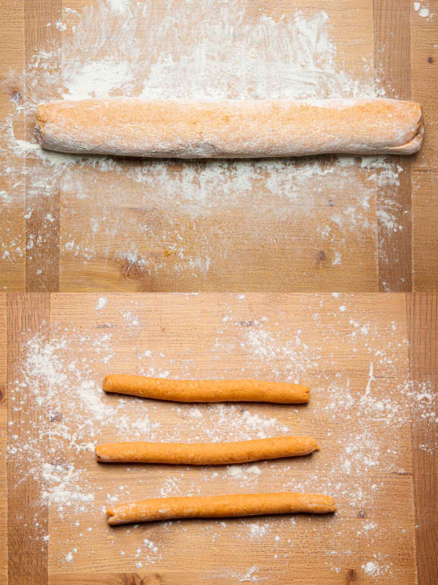 Sweet potato gnocchi dough being shaped into logs divided into three portions