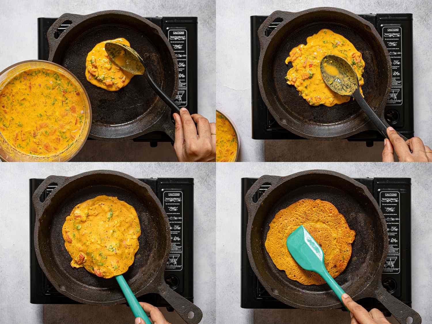 A cooking process showing batter being poured and cooked into pancakes on a stovetop in multiple steps