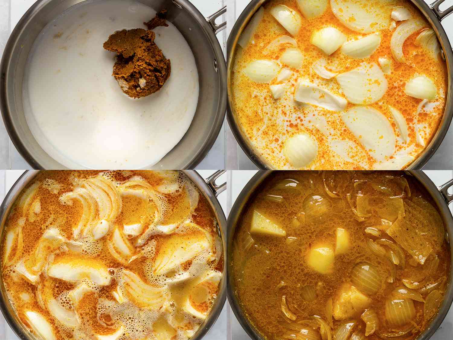 A four-image collage. The top-left image shows a stainless steel saucepan holdingÂ coconut fat (from the top of a can of coconut milk) and curry paste. The top-right image shows the coconut fat, now split, with potato, onion, remaining coconut milk, and fish sauce added to saucepan with enough water to keep the ingredients submerged. The bottom-left image shows the mixture coming to a boil inside of the saucepan. The bottom-right image shows the saucepanâs contents at a simmer, with the potatoes having softened.