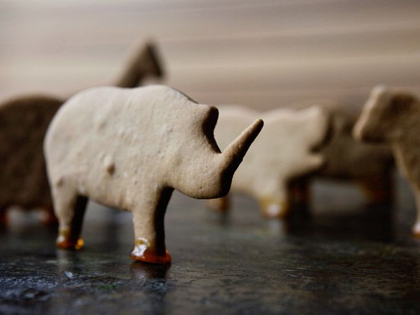 Closeup of a homemade rhino-shaped animal cracker, propped upright to look like it's standing.