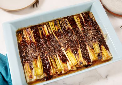 Overhead view of braised leaks