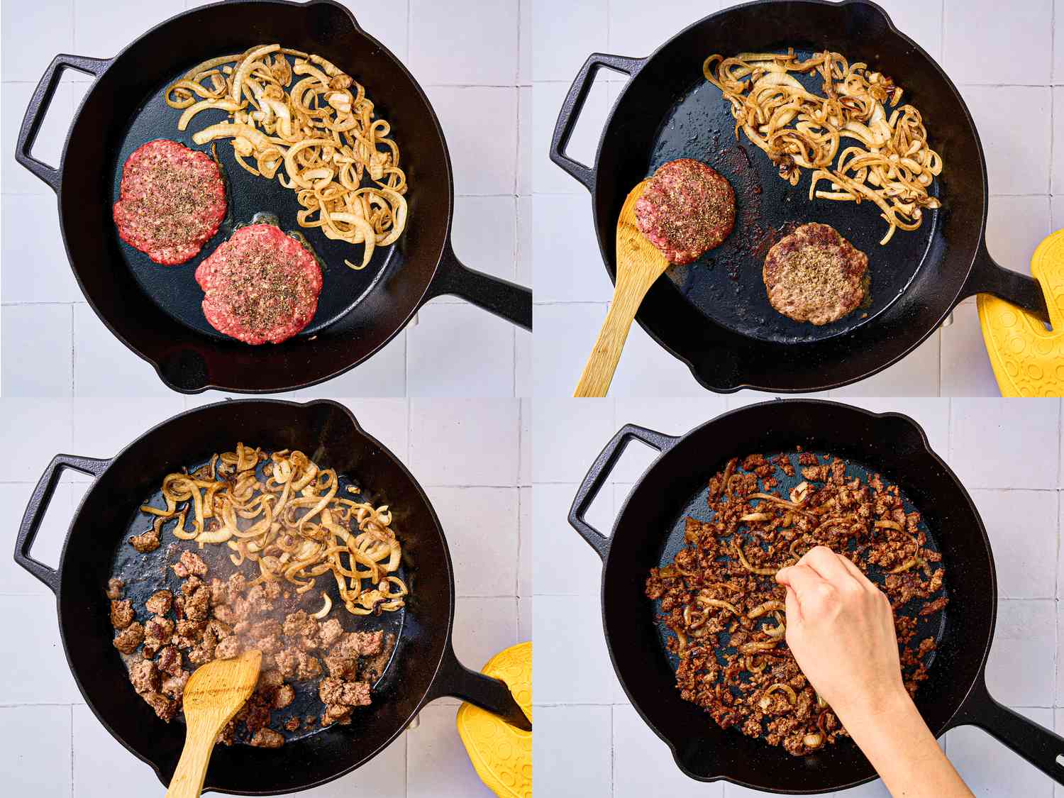 Making chopped cheese in a cast iron skillet.