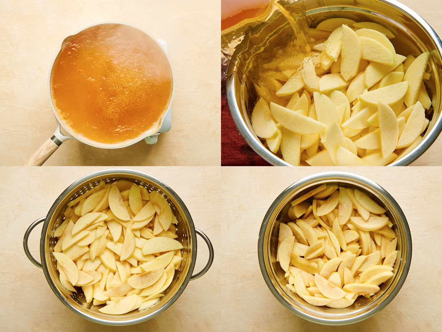 A four-image collage. The top left image shows apple side boiling in a saucepan. The top right image shows the apple side being poured over sliced apples in a metal bowl. The bottom left image shows the apples draining in a colander. The bottom right image shows the apples evenly coated with sugar, cinnamon, salt, and corn starch in a large bowl.