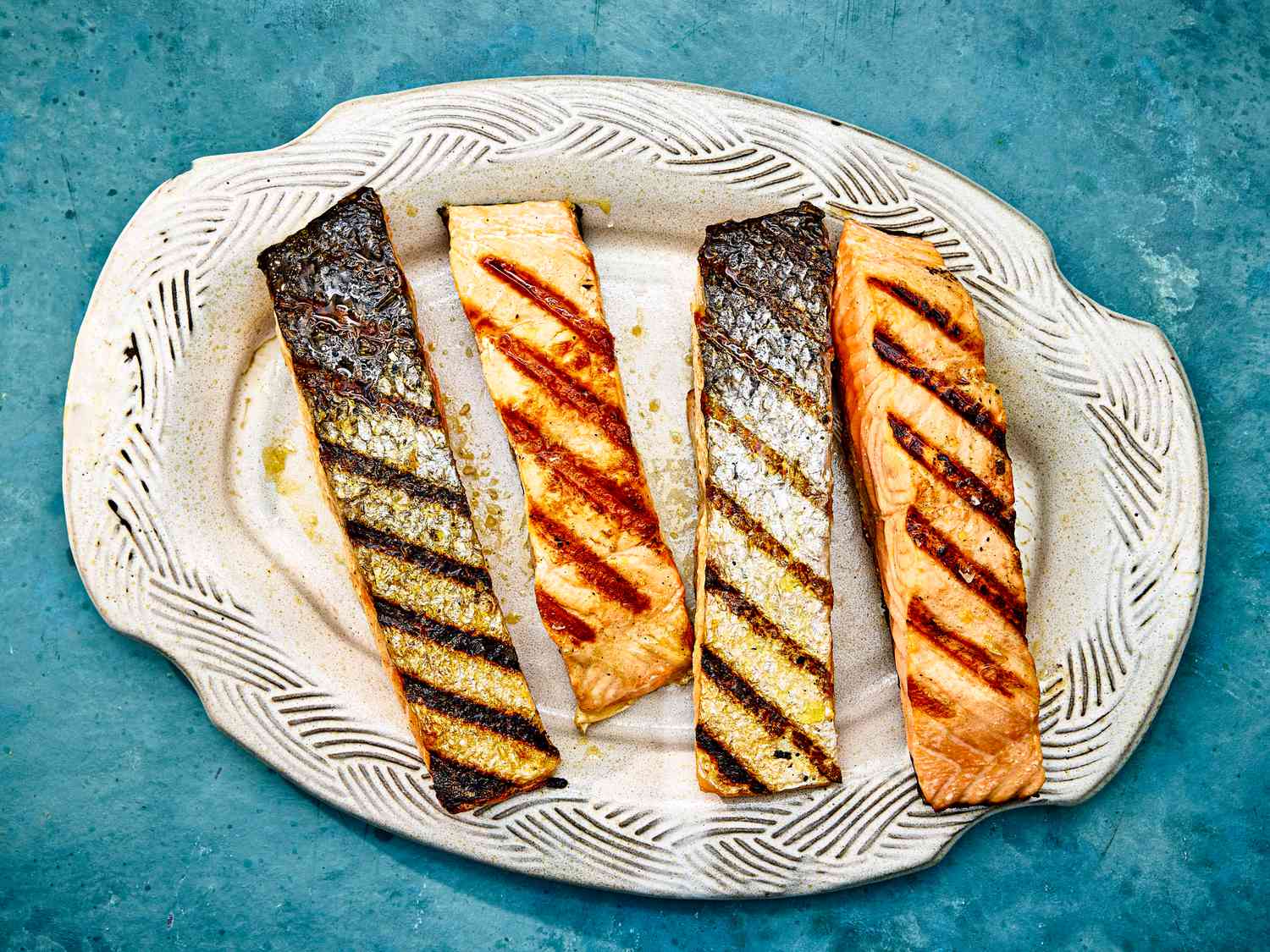 Overhead view of grilled salmon