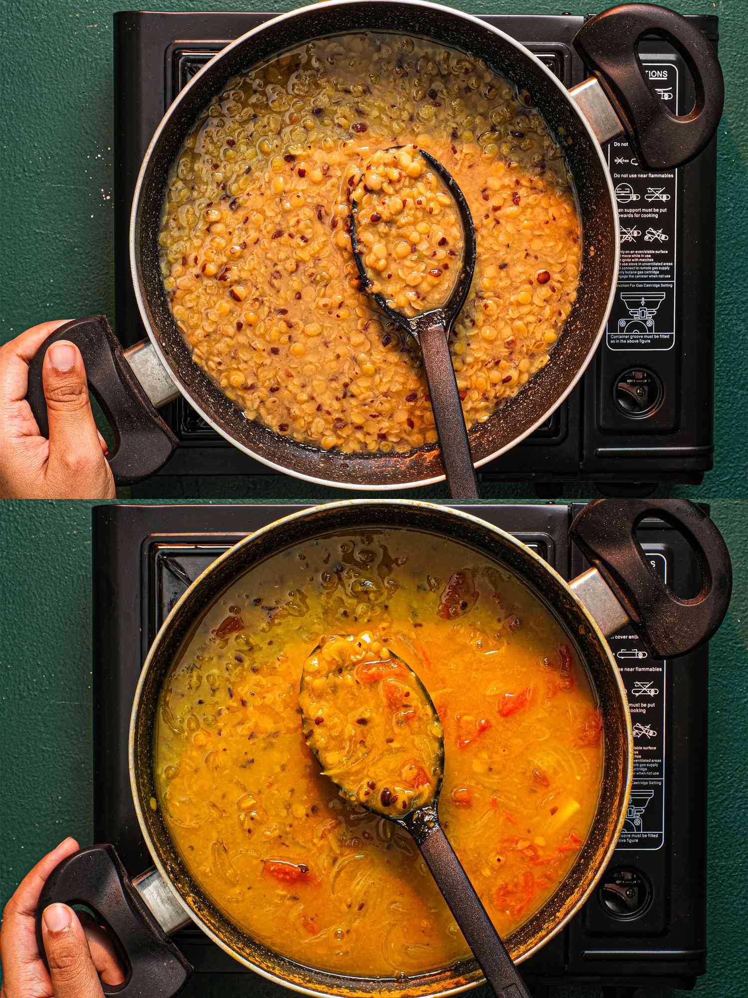Simmering toor dal (split pigeon peas) in a pot.