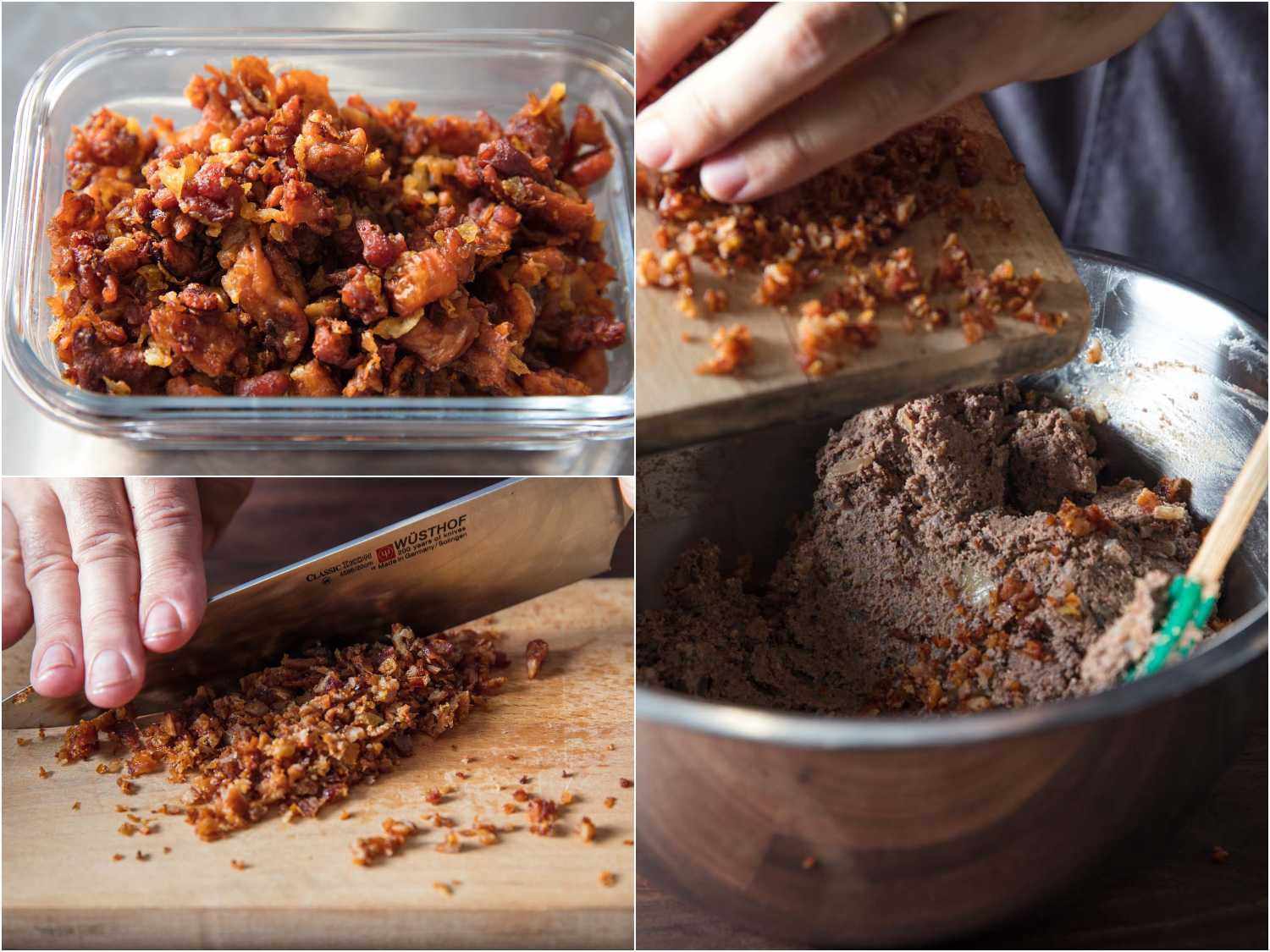 A 3-image collage: chopping gribenes and stirring them into chopped liver in a mixing bowl.