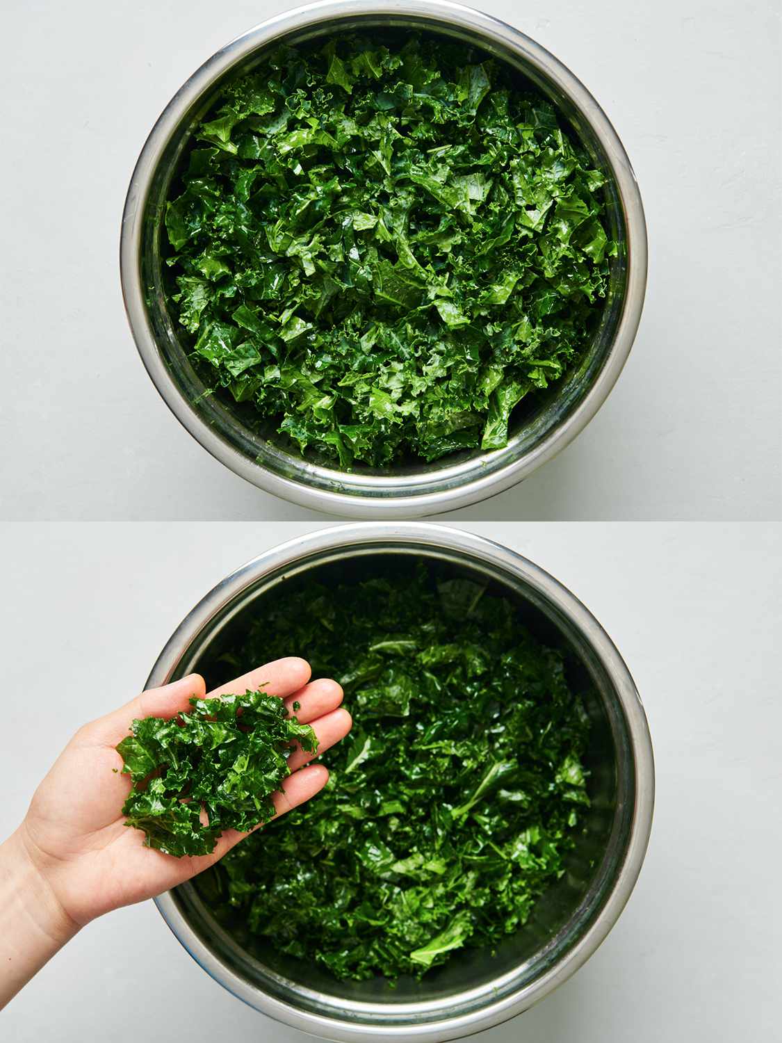 A two-image collage. The top image shows a bowl of torn kale coated with 3 tablespoons of olive oil on all surfaces of the vegetables. The bottom image shows a hand holding the kale after itâs been massaged, showing that the texture has changed and that kale is now softer and glossy looking, and that larger pieces have been broken down.