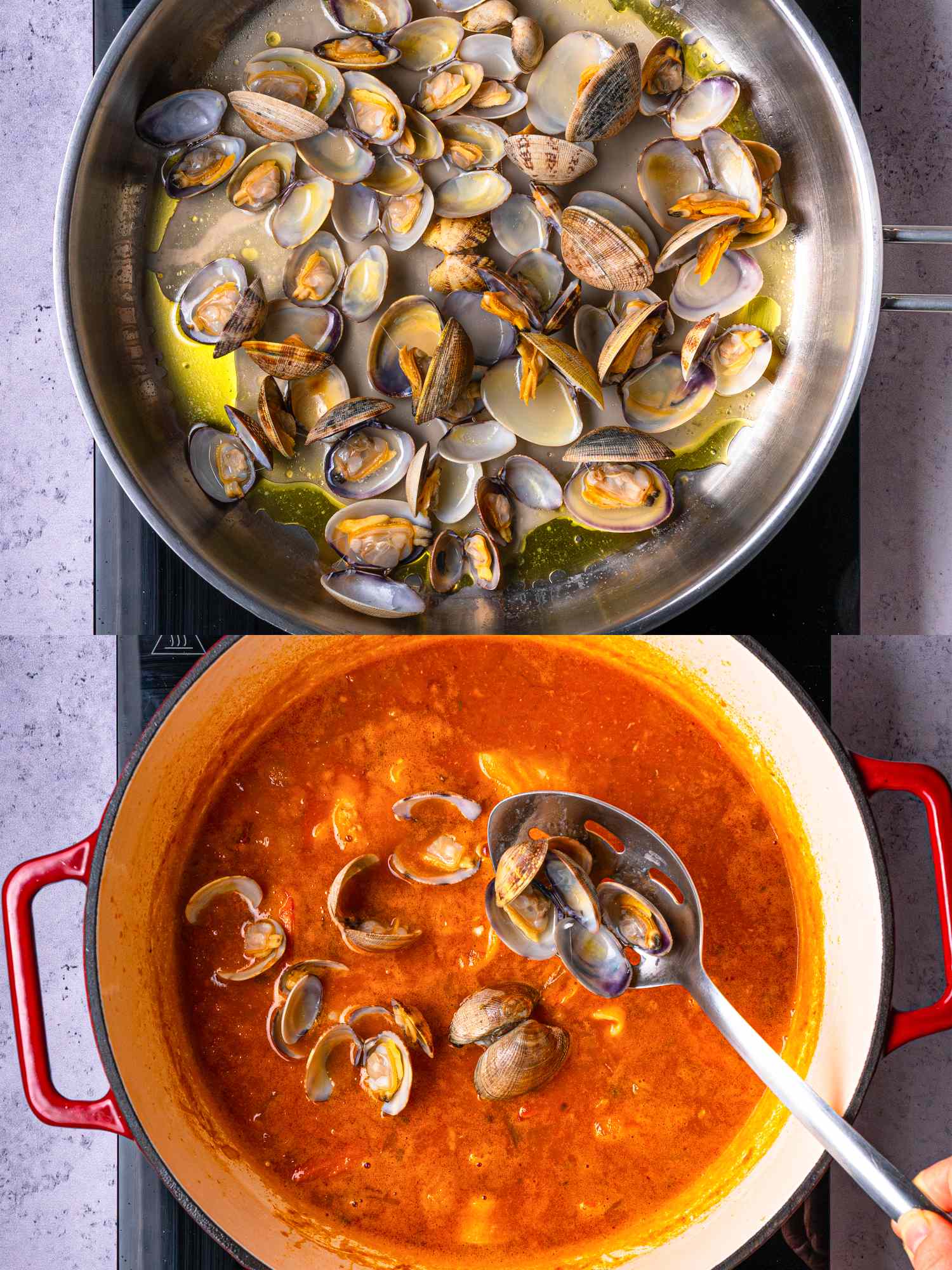 Two cooking stages of seafood stew clams in a pan above and clams in tomatobased stew below