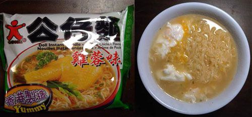 A package and bowl of Doll Instant Noodle, Artificial Chicken Flavor.