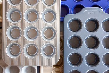 Closeup of best muffin pans stacked on top of one another