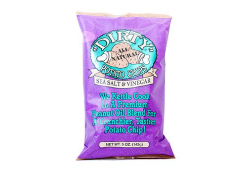 A bag of Dirty's brand sea salt and vinegar potato chips. 