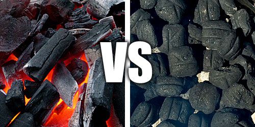 A custom image which shows lump charcoal on the left side of the image and charcoal briquettes on the right side of the image. Dividing the image is a white line with the letters "VS", meaning versus, in between them, to indicate the two types of charcoal are competing.