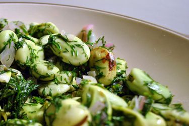 Closeup of broad beans with dill butter.