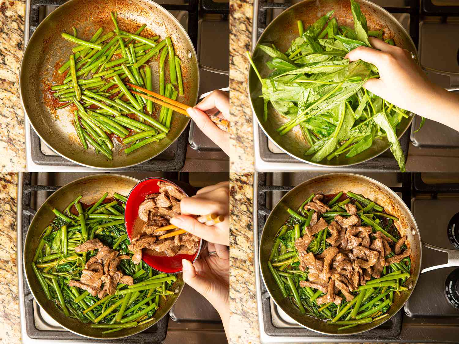 Four image collage of sauteeding morning glory in a skillet and adding beef