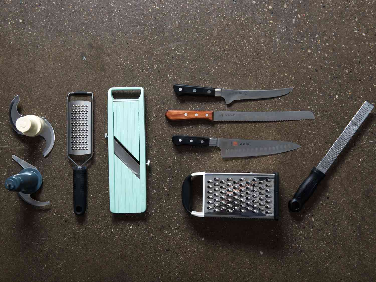Knives, slicers, graters, and food processor blades.