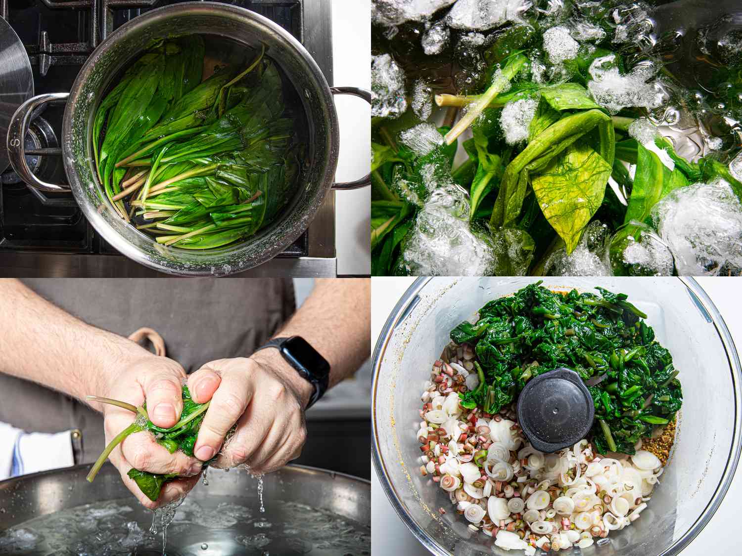Four image collage of cooking ramps, wrangling water out and ingredients in a food processors