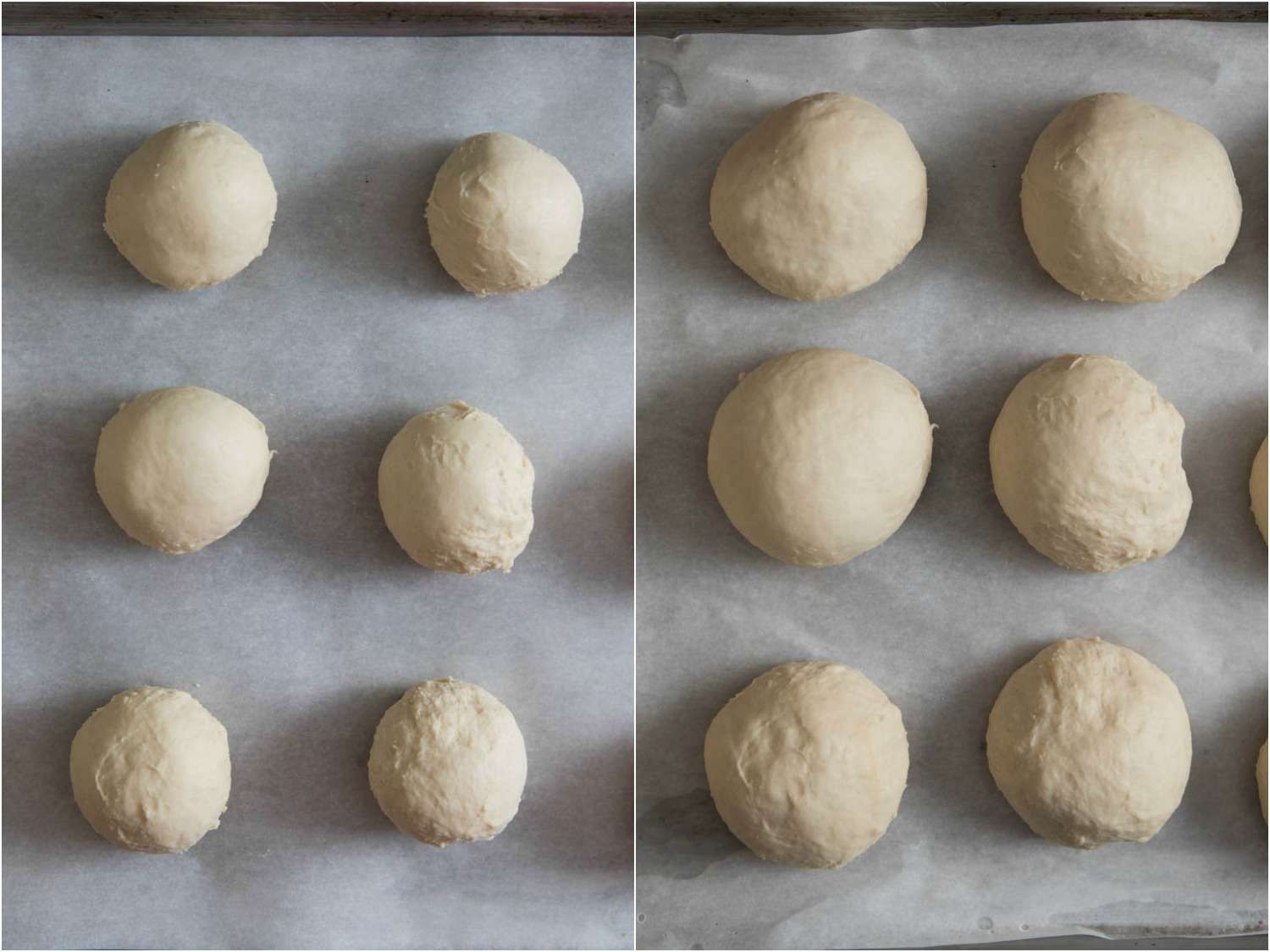 Dinner roll dough balls on baking sheet before and after a rise. 