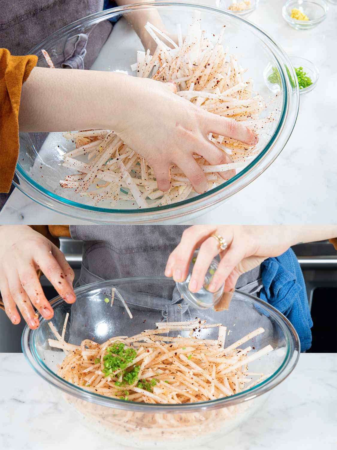 Two image collage of radishes being massaged in a bowl and spices being added to it