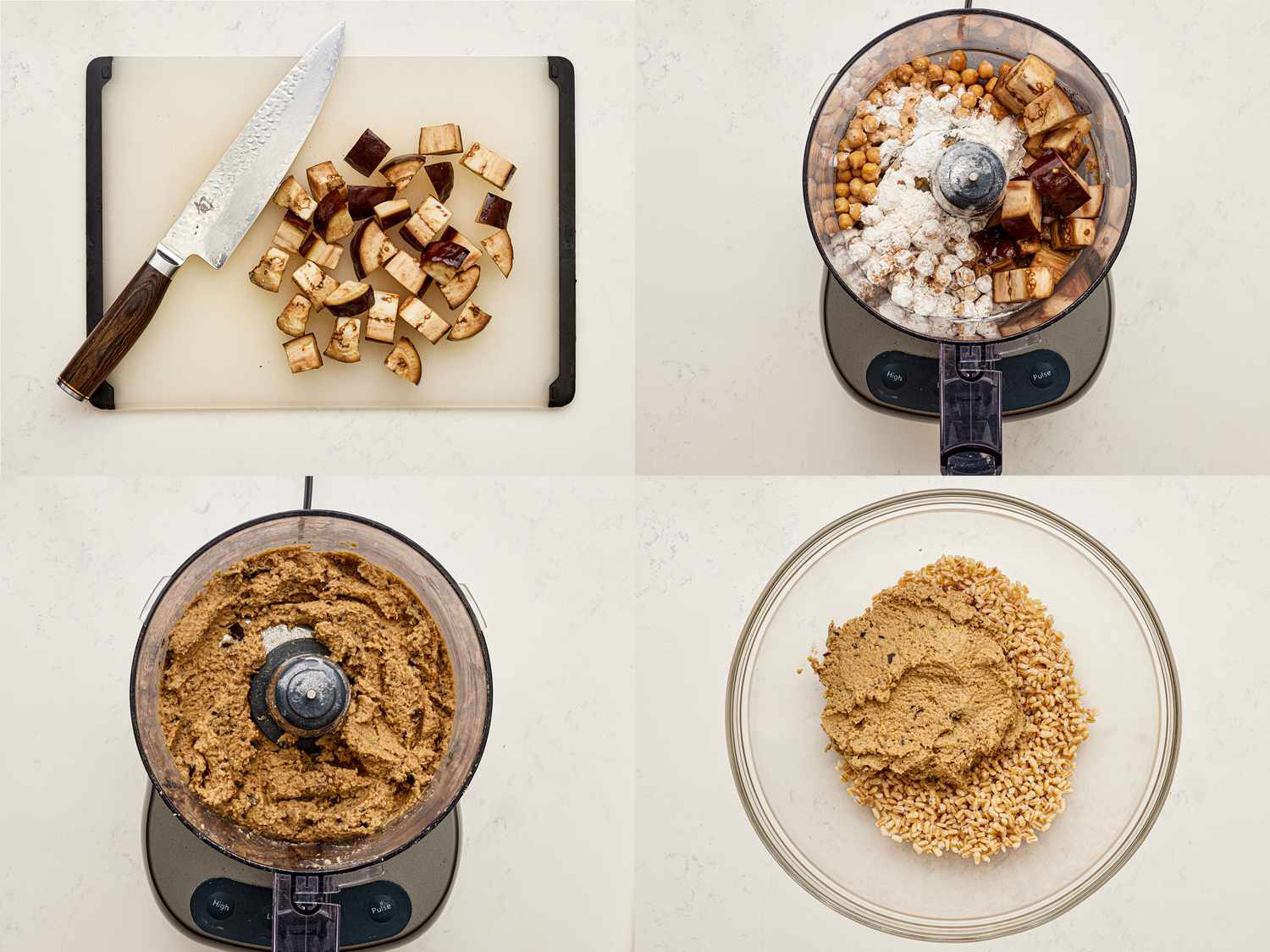 Four image collage of cutting eggplant, eggplant and barely in food processor, mixture processed and tranfered to a bowl with barley