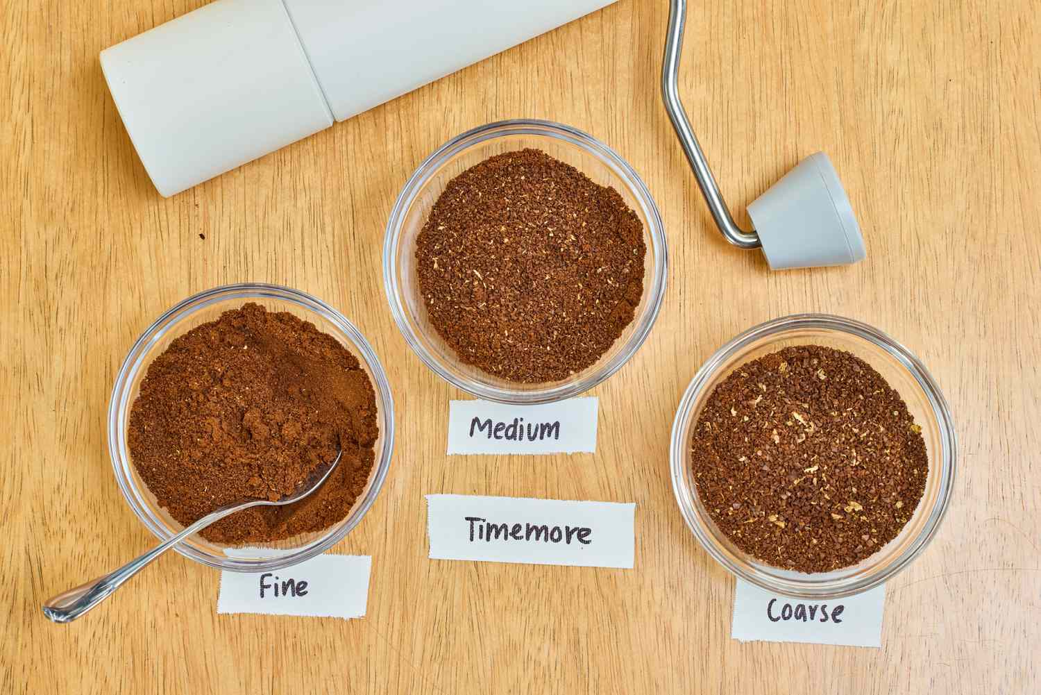 Beans ground on three different settings using the Timemore C2 Max Manual Grinder