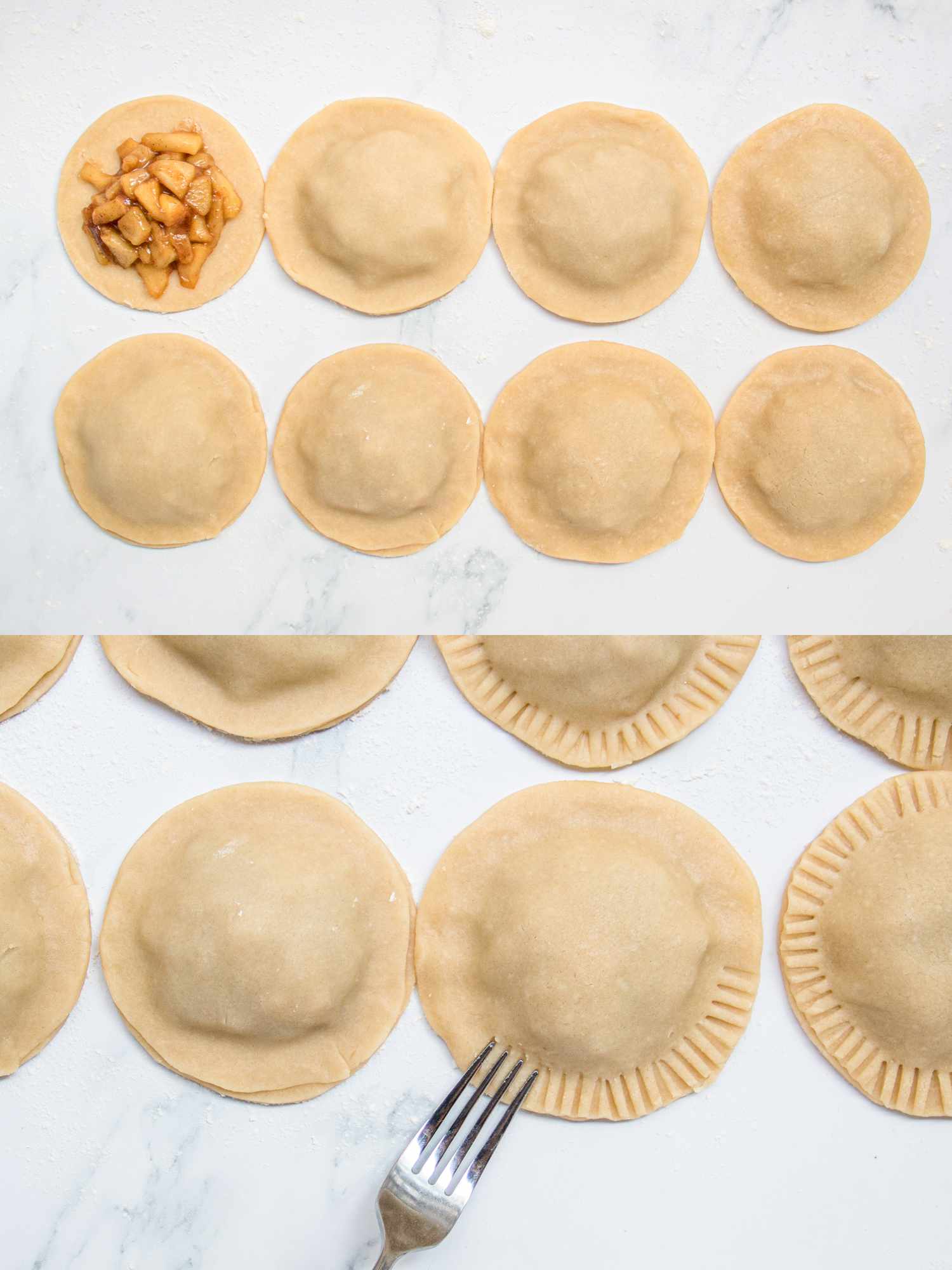 Two image collage. Top: Remaining dough rounds placed on top of each bottom, sealed together. The top left round still doesn't have top dough yet. Bottom: Edges of handpies being crimped with a fork