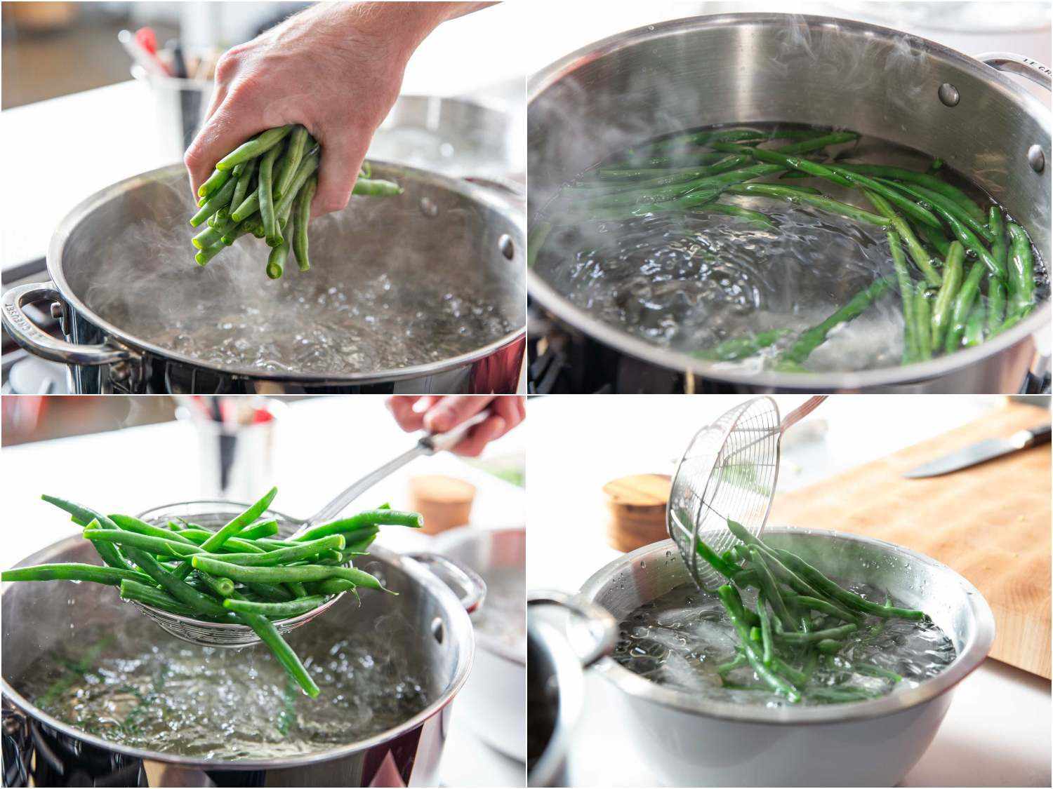 A 4-photo collage of blanching green beans in boiling water and then shocking them in an ice bath.