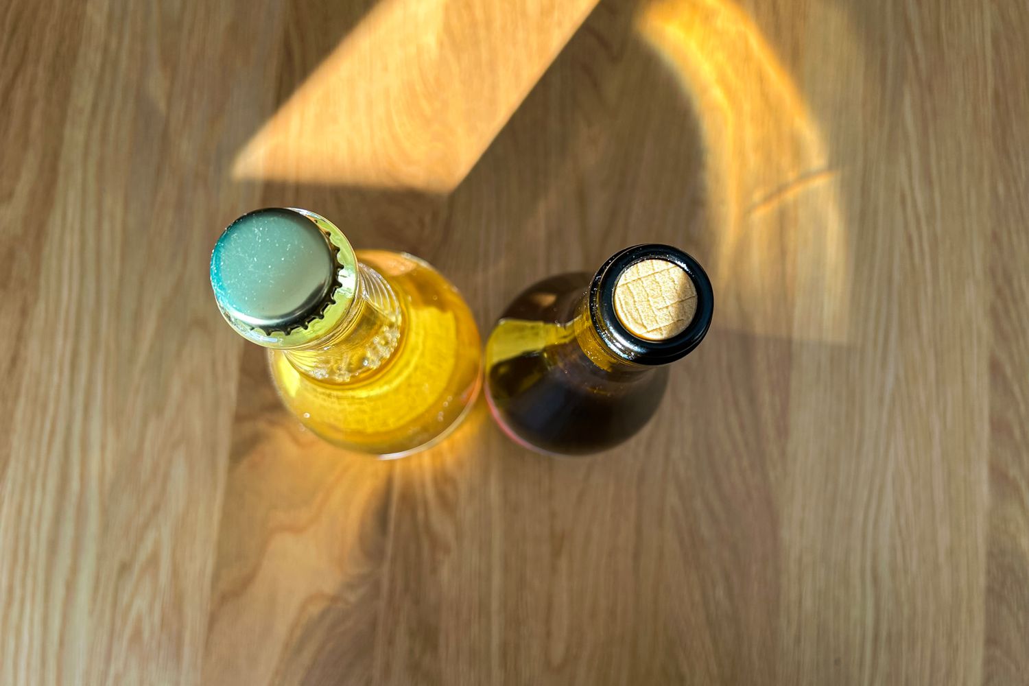 An overhead view of two bottles of wine