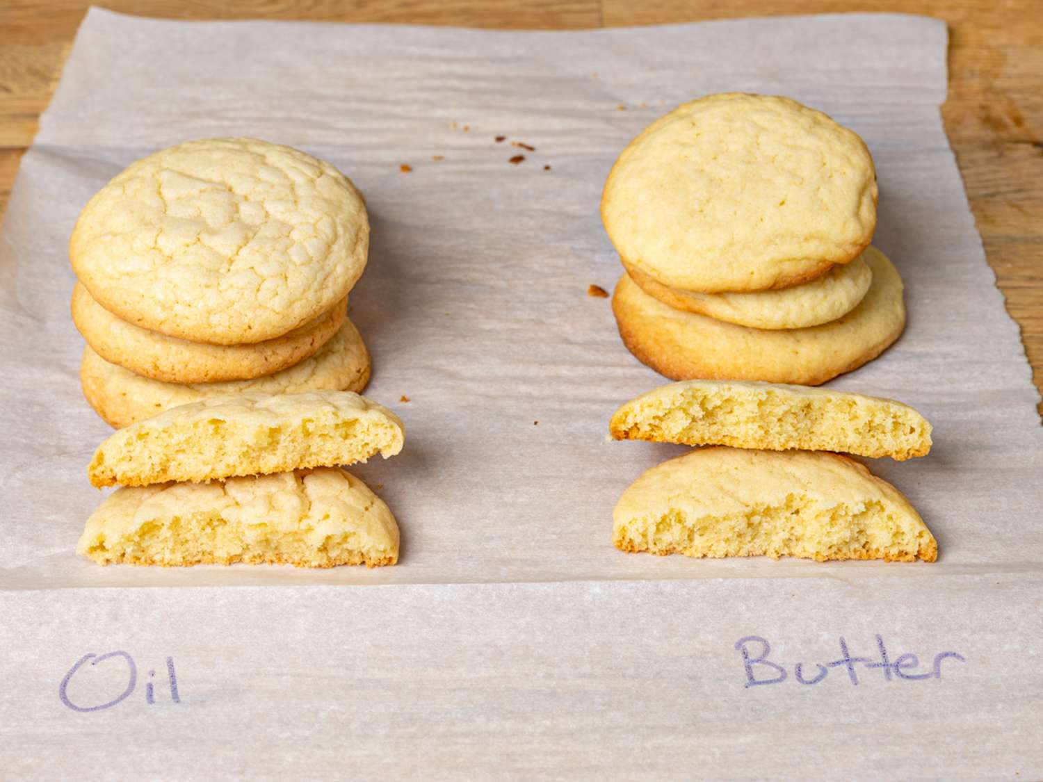 Two sets of cookies labeled as made with oil and butter showing texture comparison