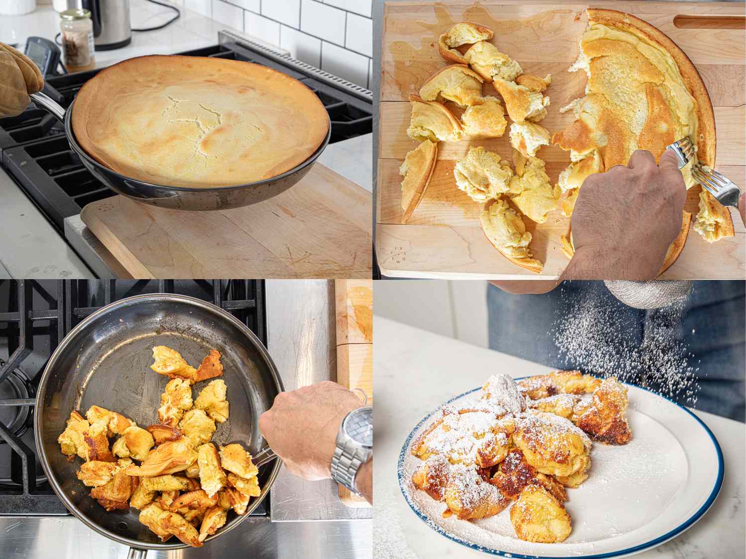 Fourstep process of making Kaiserschmarrn showing cooking breaking into pieces frying and dusting with sugar