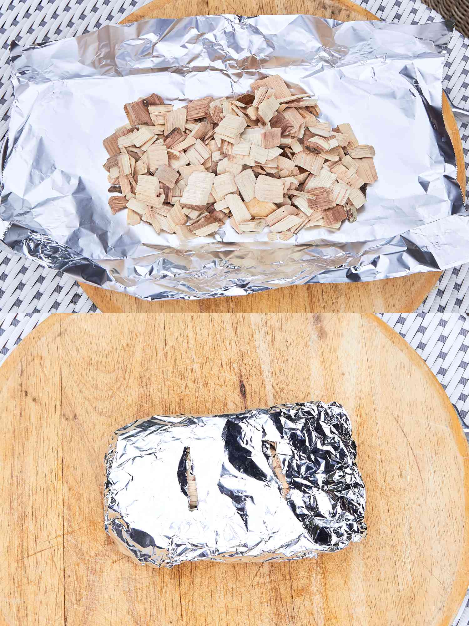 Two images in a collage, the top showing wood chips in foil, the bottom showing the foil packet sealed with slices cut into it