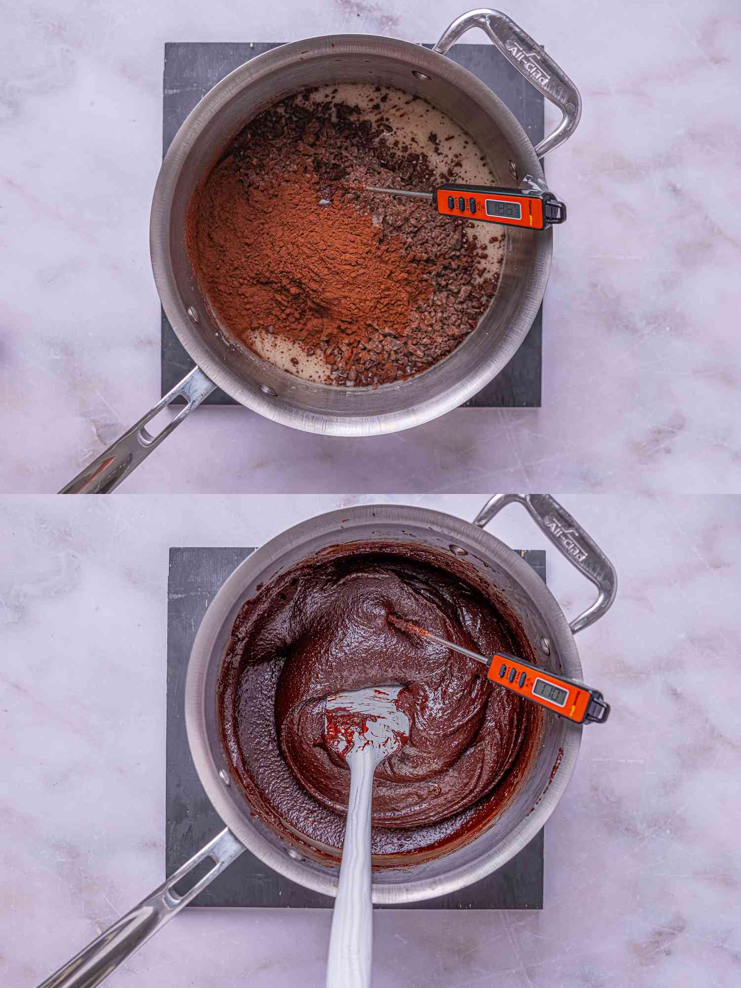 2 image collage. Top: Adding chocolate and coca to mixture in pot with thermometer. Bottom: Chocolate mixture mixed to glassy cake batter. 