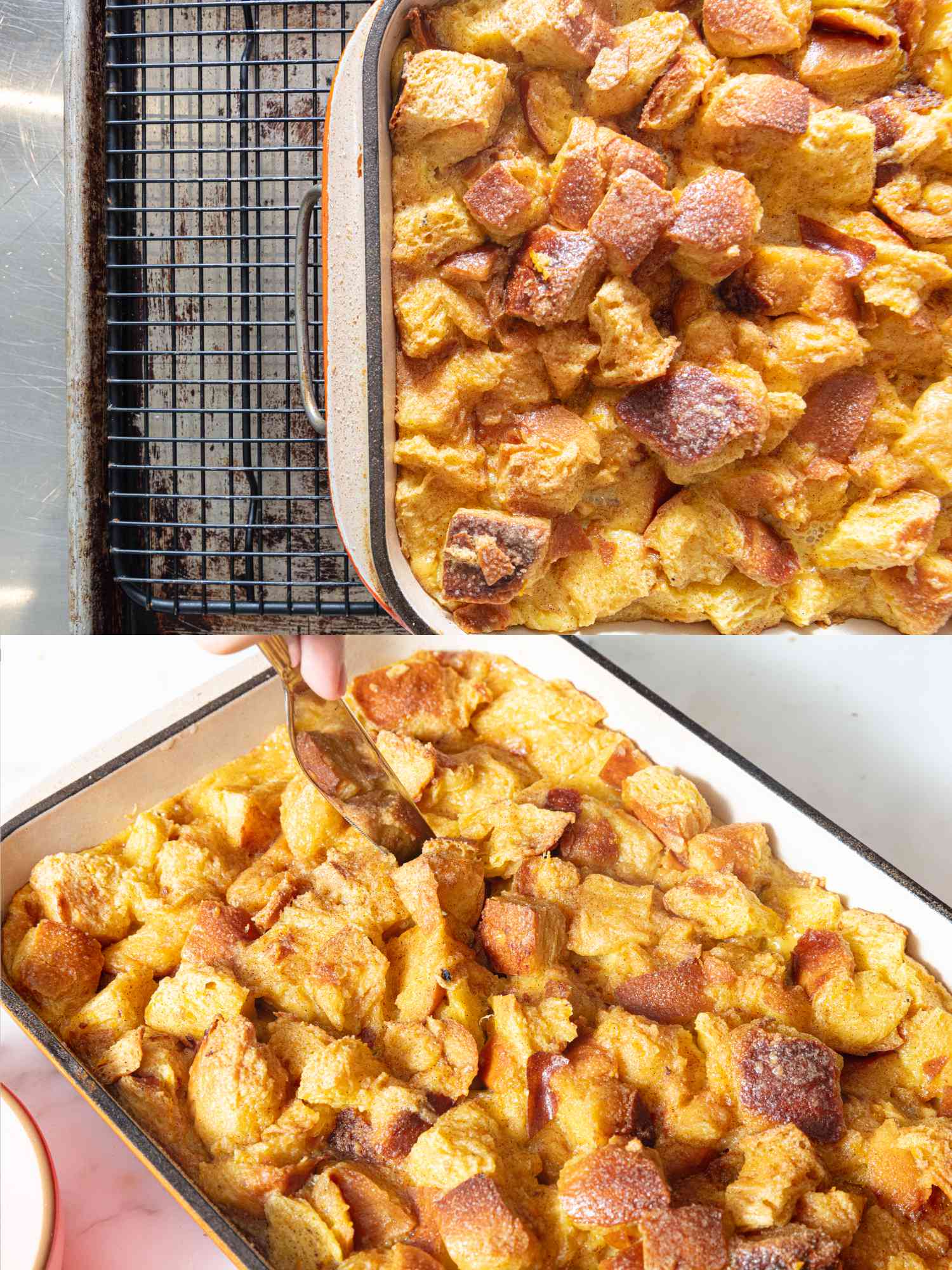 2 image collage. Top: Bread pudding in baking dish, on top of a cooling rack. Bottom:bread pudding being cut into