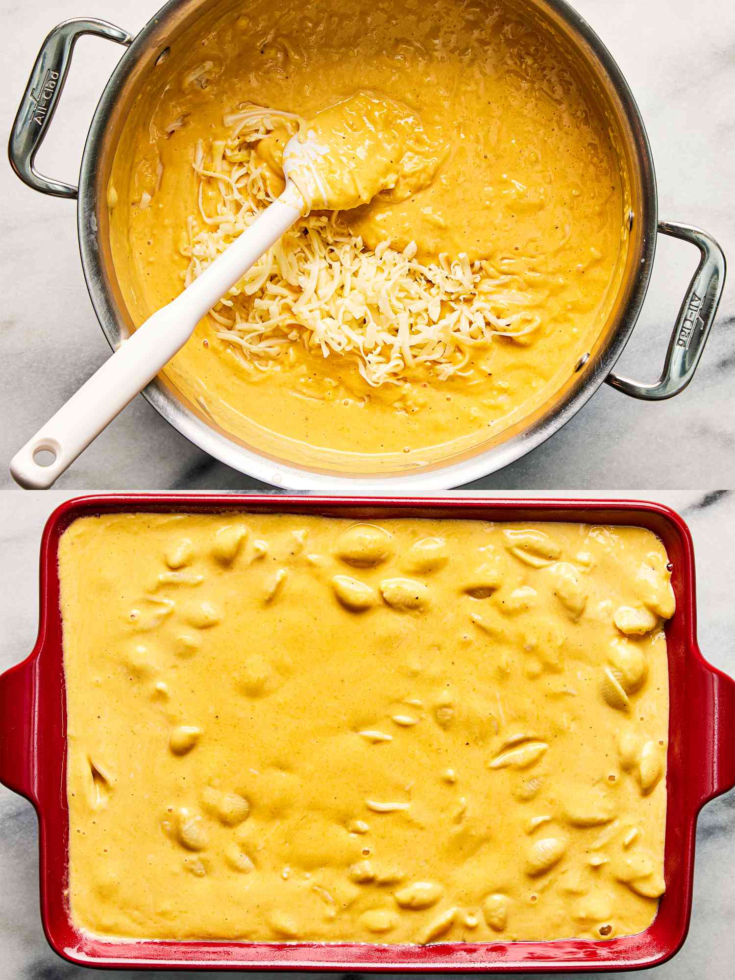 Overhead view of assembling mac and cheese in casserole dish
