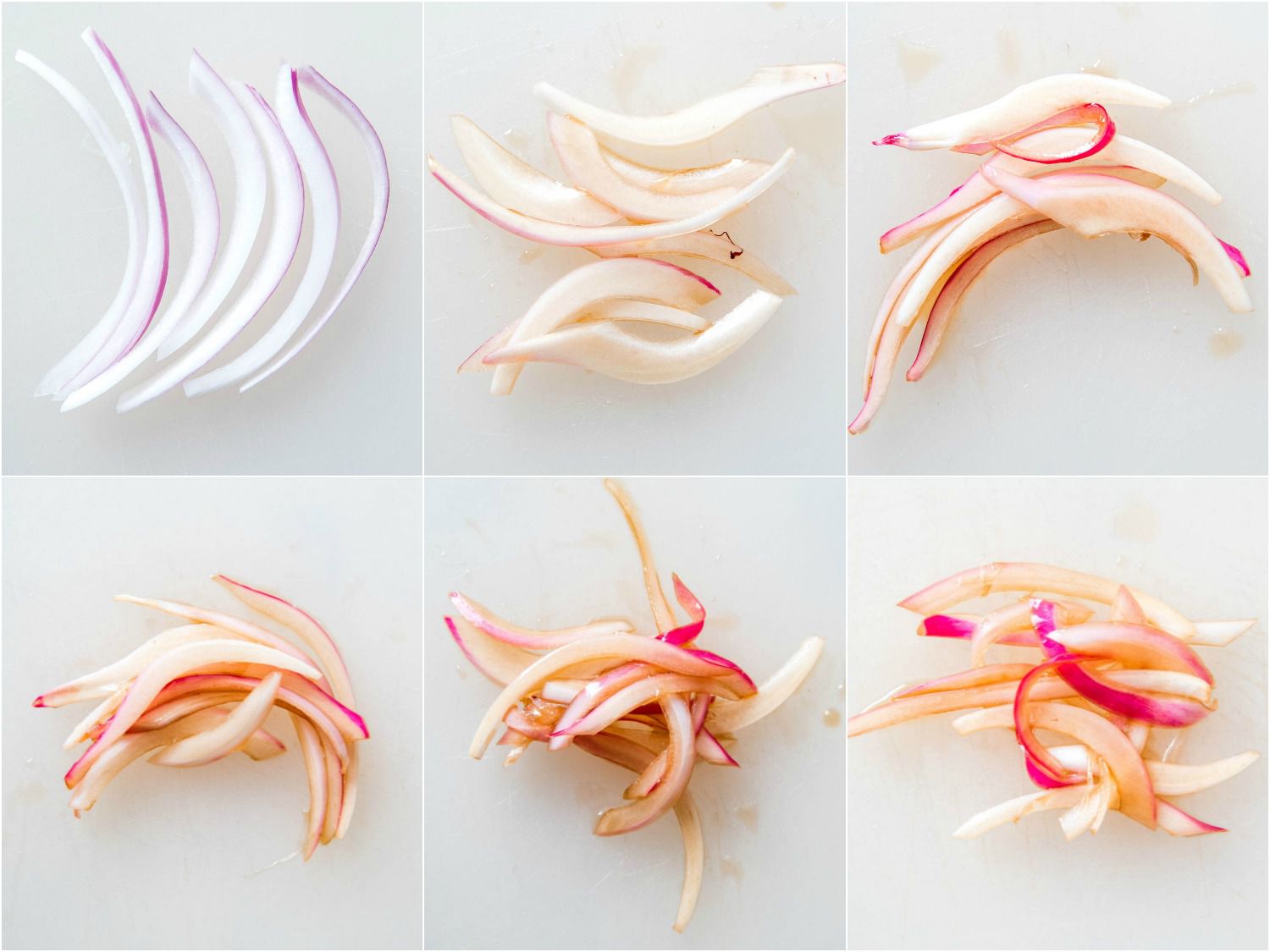 A six-image collage showing sliced red onions in various states of pickling.