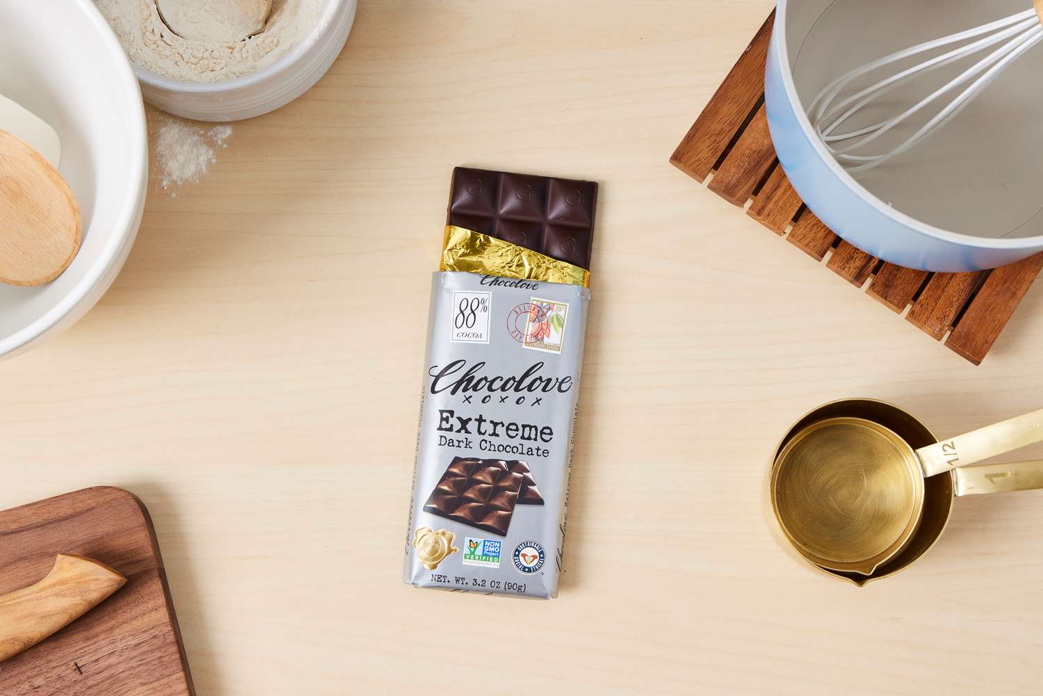 A partially unwrapped Chocolove dark chocolate bar.