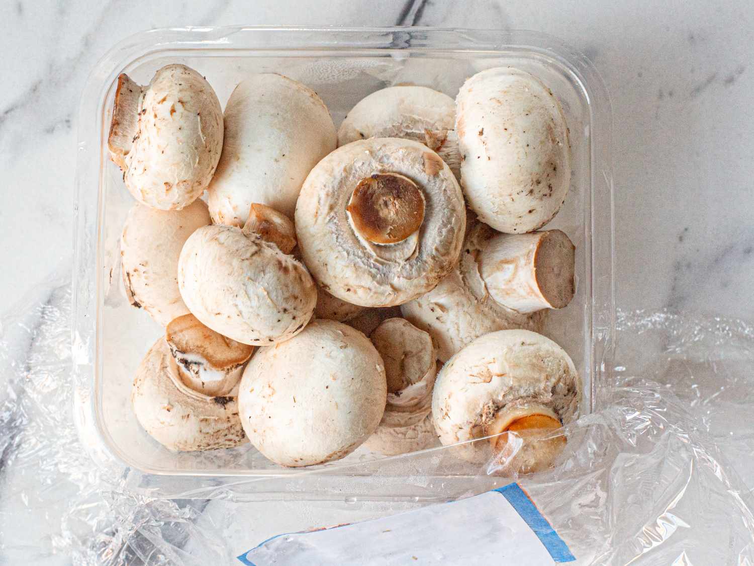 Container of fresh mushrooms on a marble surface