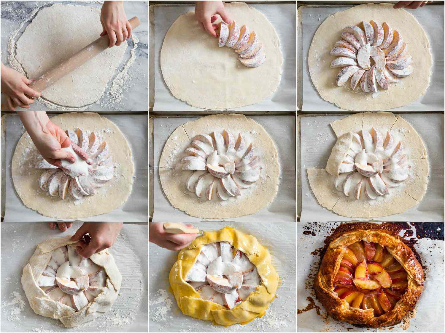Collage of overhead images: rolling out the dough for a peach galette, followed by shingling the peaches in the center, cutting and folding the dough to form a rim, applying an egg wash, and the finished galette after baking.