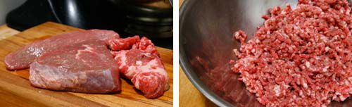 Collage of beef before and after grinding.